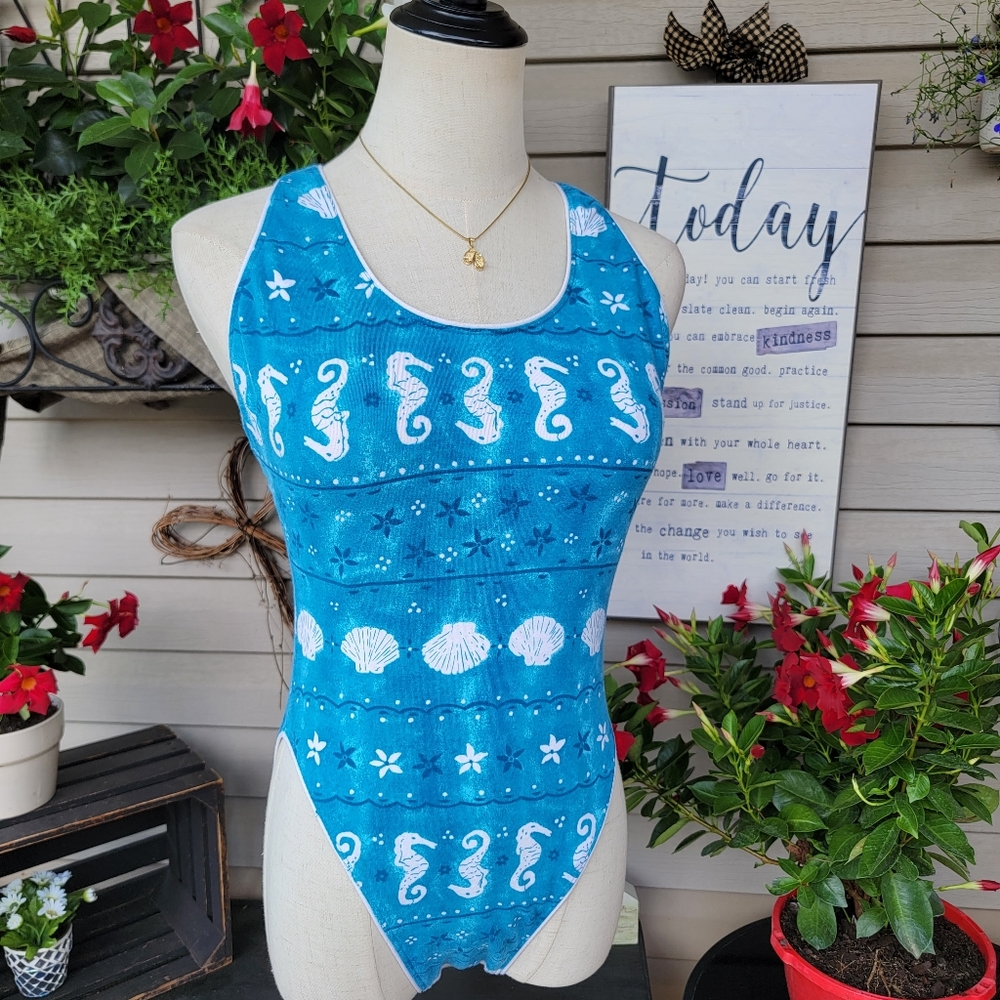 XHILARATION ♡ Turquois Blue|White Seahorse 'n Seashell Cross Back Swim Suit 9/10